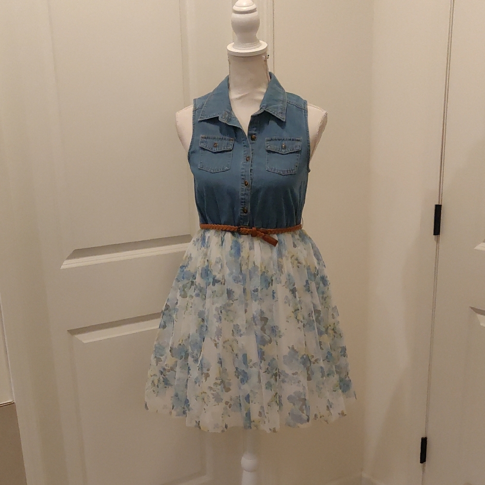 Zunie Blue and Floral Dress with Brown Belt Y2K Vintage Retro Inspired CottaChic
